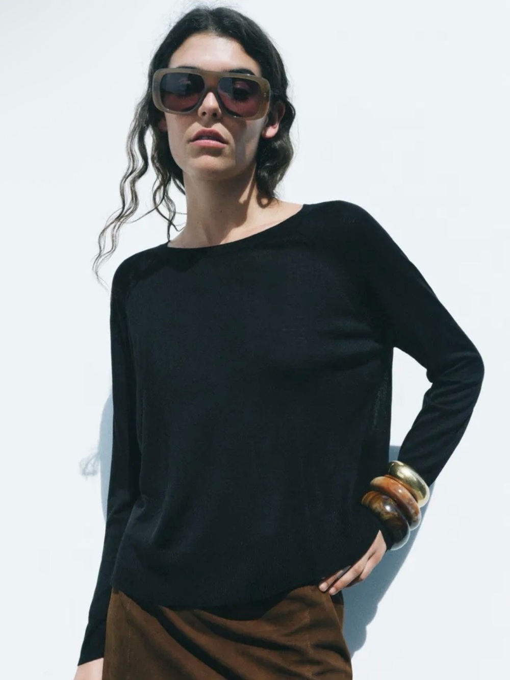 Zara Black Sweater with Brown Mini Skirt